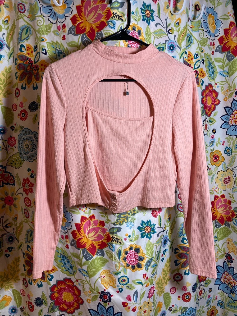 SHEIN Pink Ribbed Layered Long Sleeve Crop Top